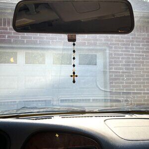 Bead And Crucifix Cross Rearview Car Mirror Charm, Handmade